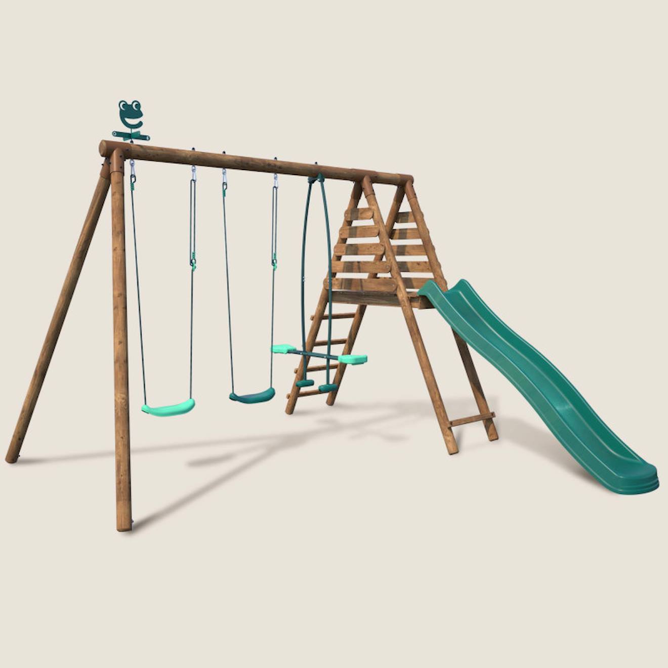 Portique en bois rond 3 agrès avec face à face et toboggan violette marron