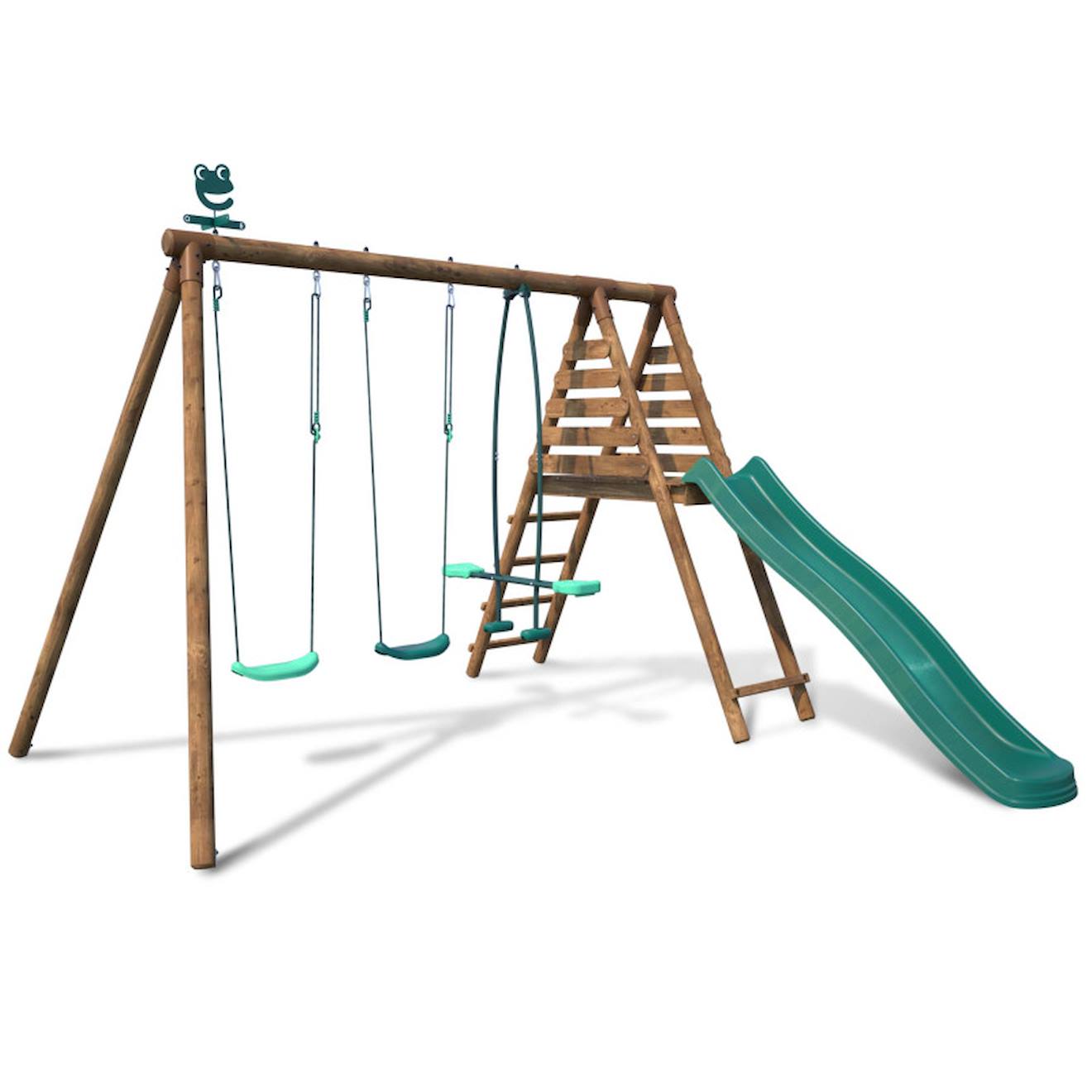 Portique en bois rond 3 agrès avec face à face et toboggan violette marron