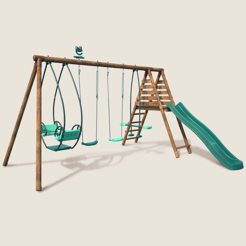 Portique en bois rond 4 agrès avec face à face et toboggan jacinthe marron
