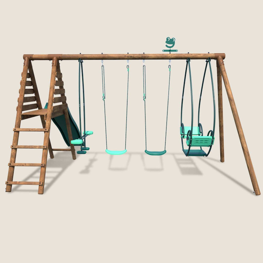 Portique en bois rond 4 agrès avec face à face et toboggan jacinthe marron