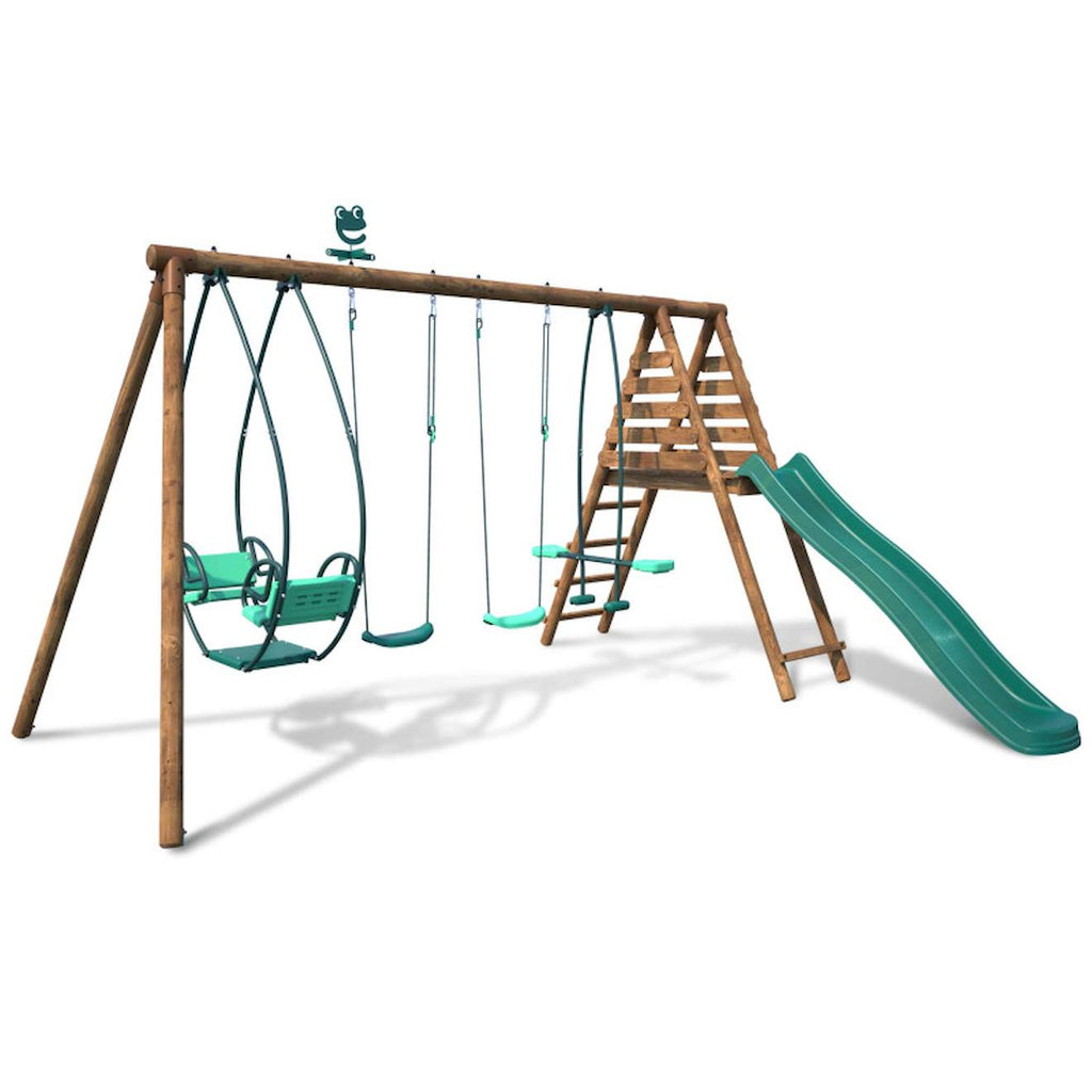 Portique en bois rond 4 agrès avec face à face et toboggan jacinthe marron