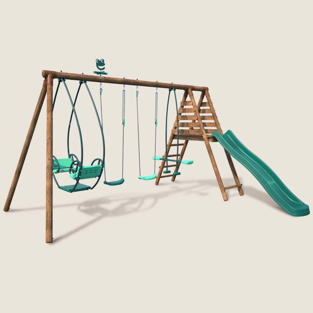 Portique en bois rond 4 agrès avec face à face et toboggan jacinthe marron