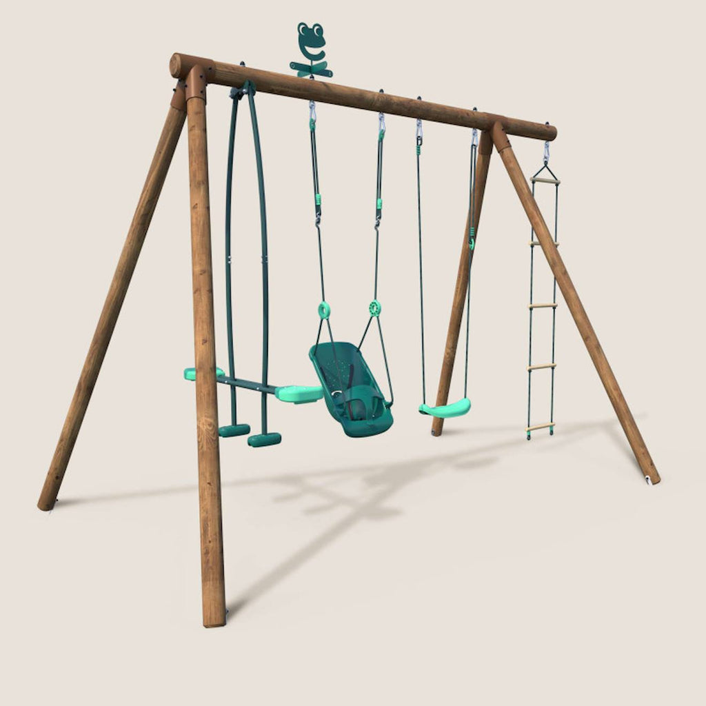 Portique en bois rond 4 agrès balançoire bébé, échelle et face à face suzon marron