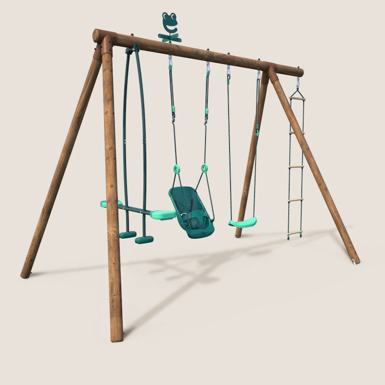 Portique en bois rond 4 agrès balançoire bébé, échelle et face à face suzon marron