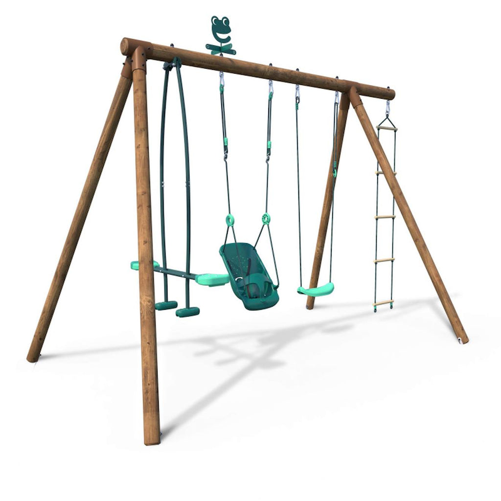 Portique en bois rond 4 agrès balançoire bébé, échelle et face à face suzon marron