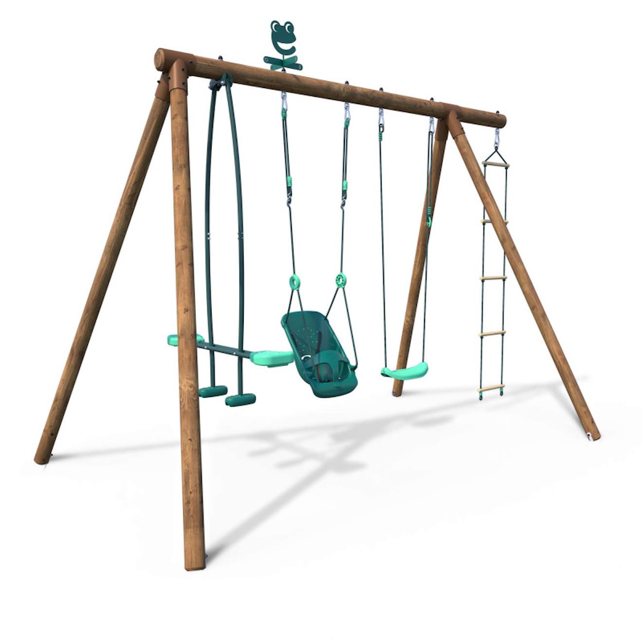 Portique en bois rond 4 agrès balançoire bébé, échelle et face à face suzon marron