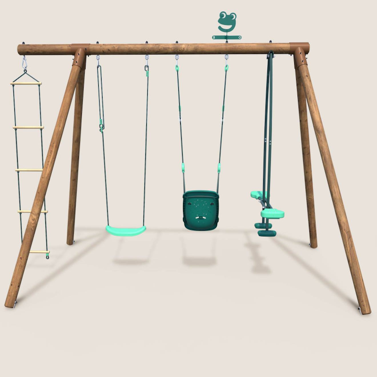 Portique en bois rond 4 agrès balançoire bébé, échelle et face à face suzon marron