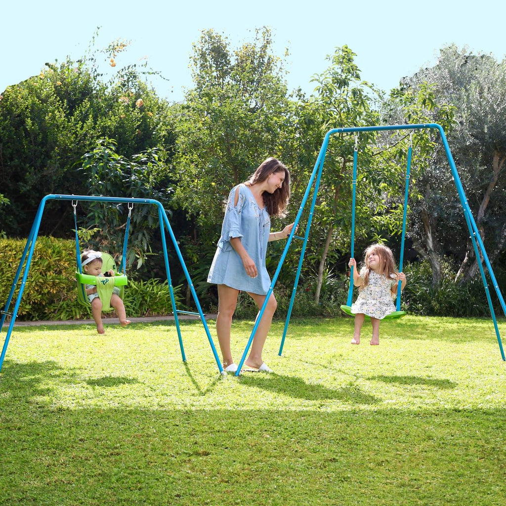 Portique évolutif 2 en1 - balançoire et fauteuil bébé métal h129 à 192cm bleu - vert