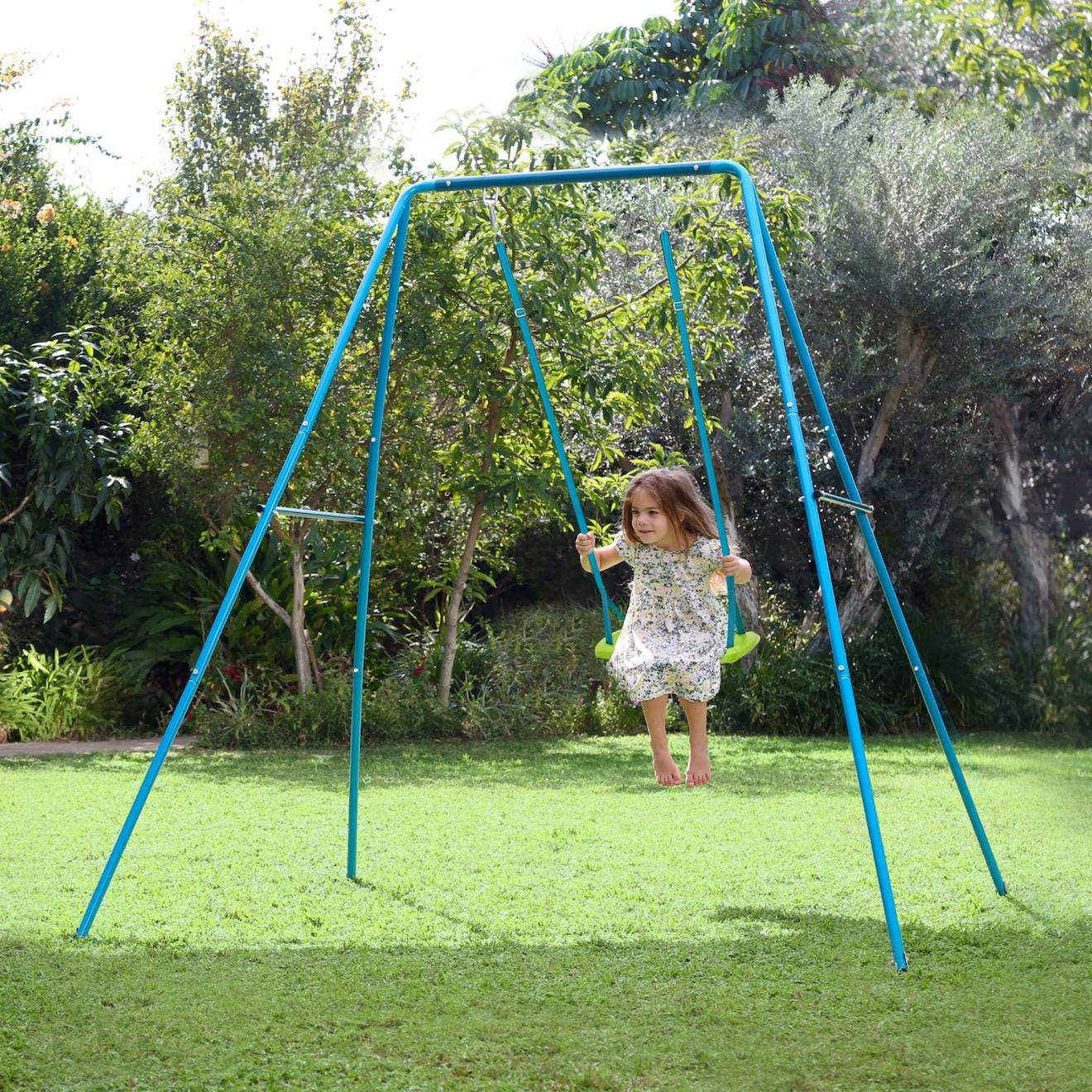 Portique évolutif 2 en1 - balançoire et fauteuil bébé métal h129 à 192cm bleu - vert