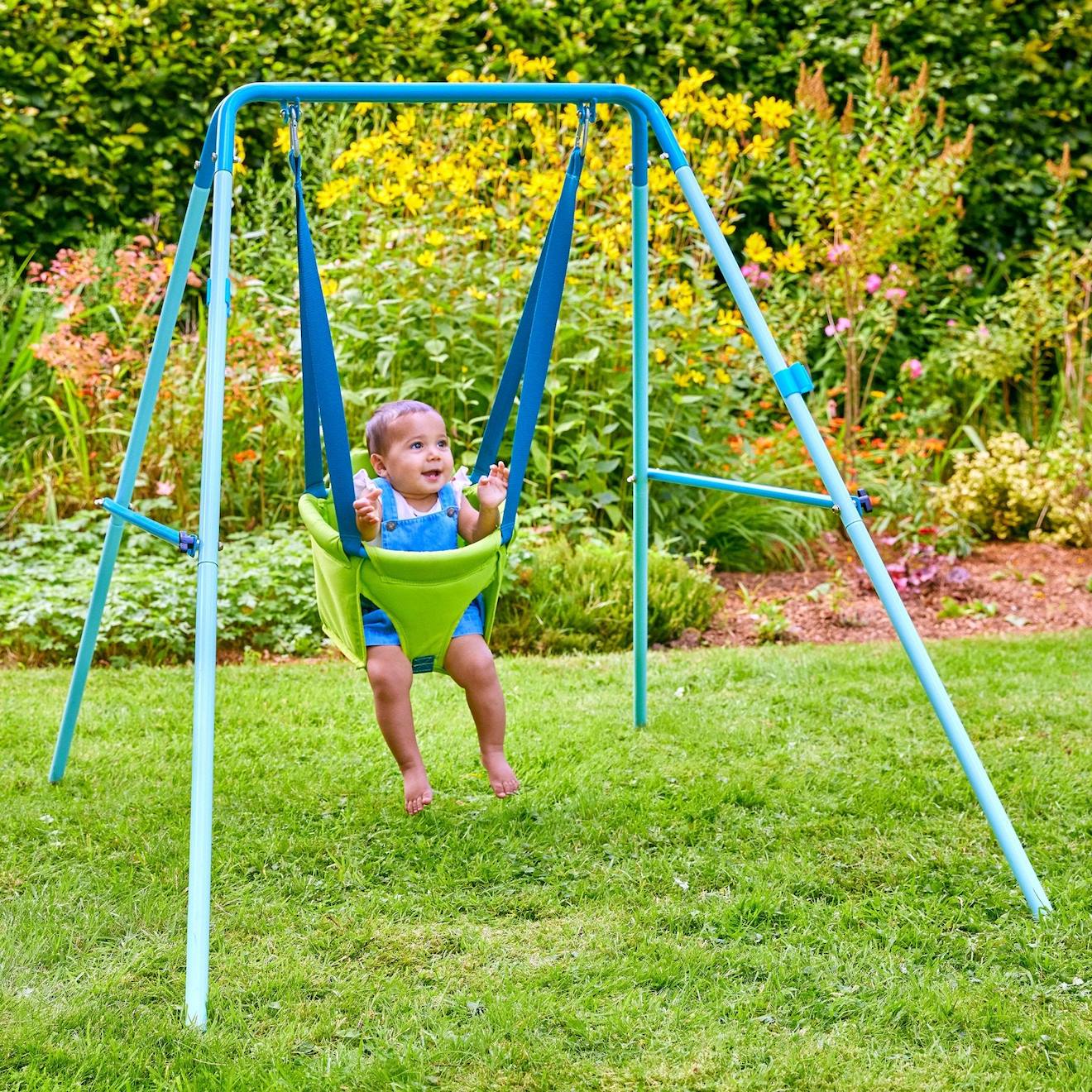 Portique fauteuil bébé pliant métal h129cm bleu - vert
