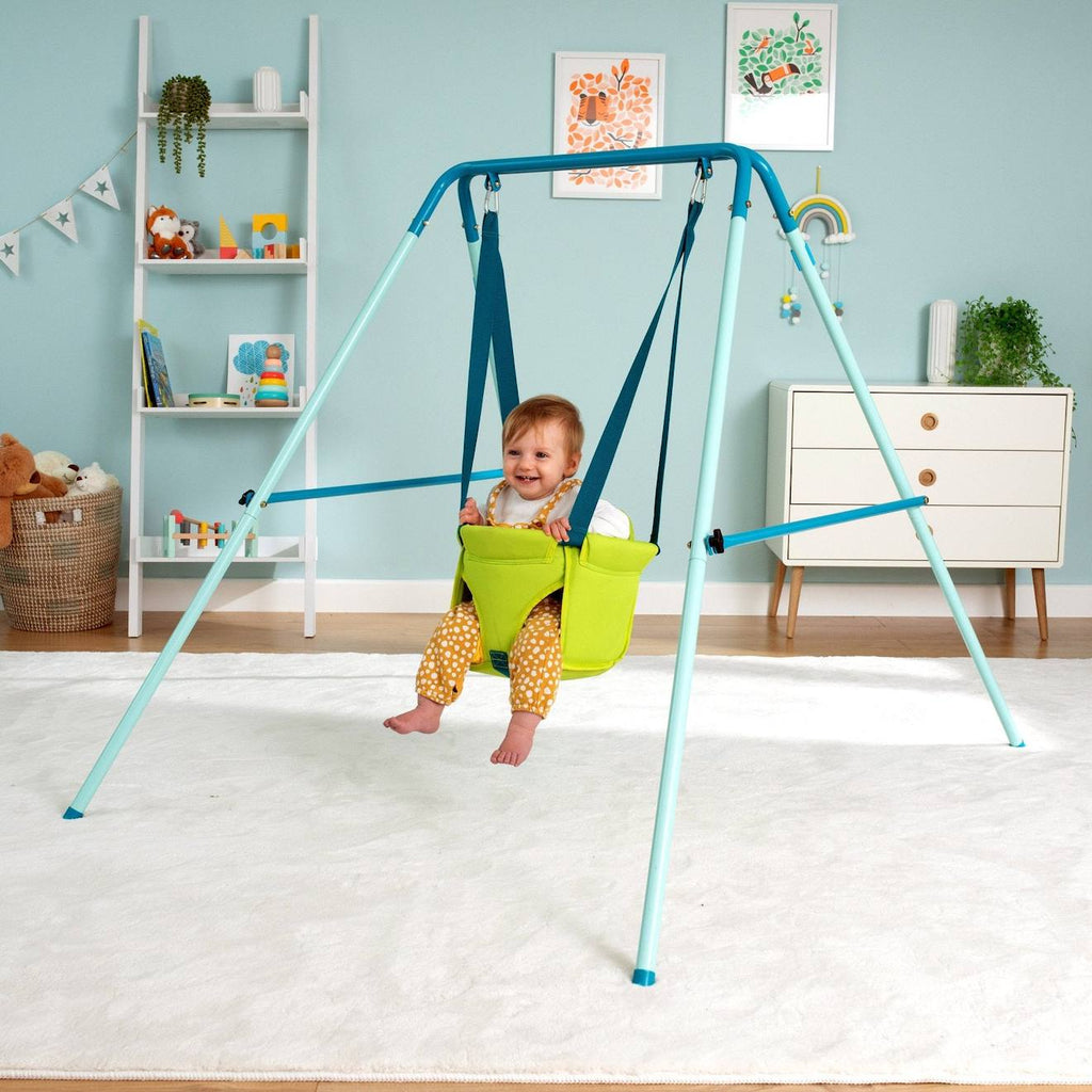 Portique fauteuil bébé pliant métal h129cm bleu - vert