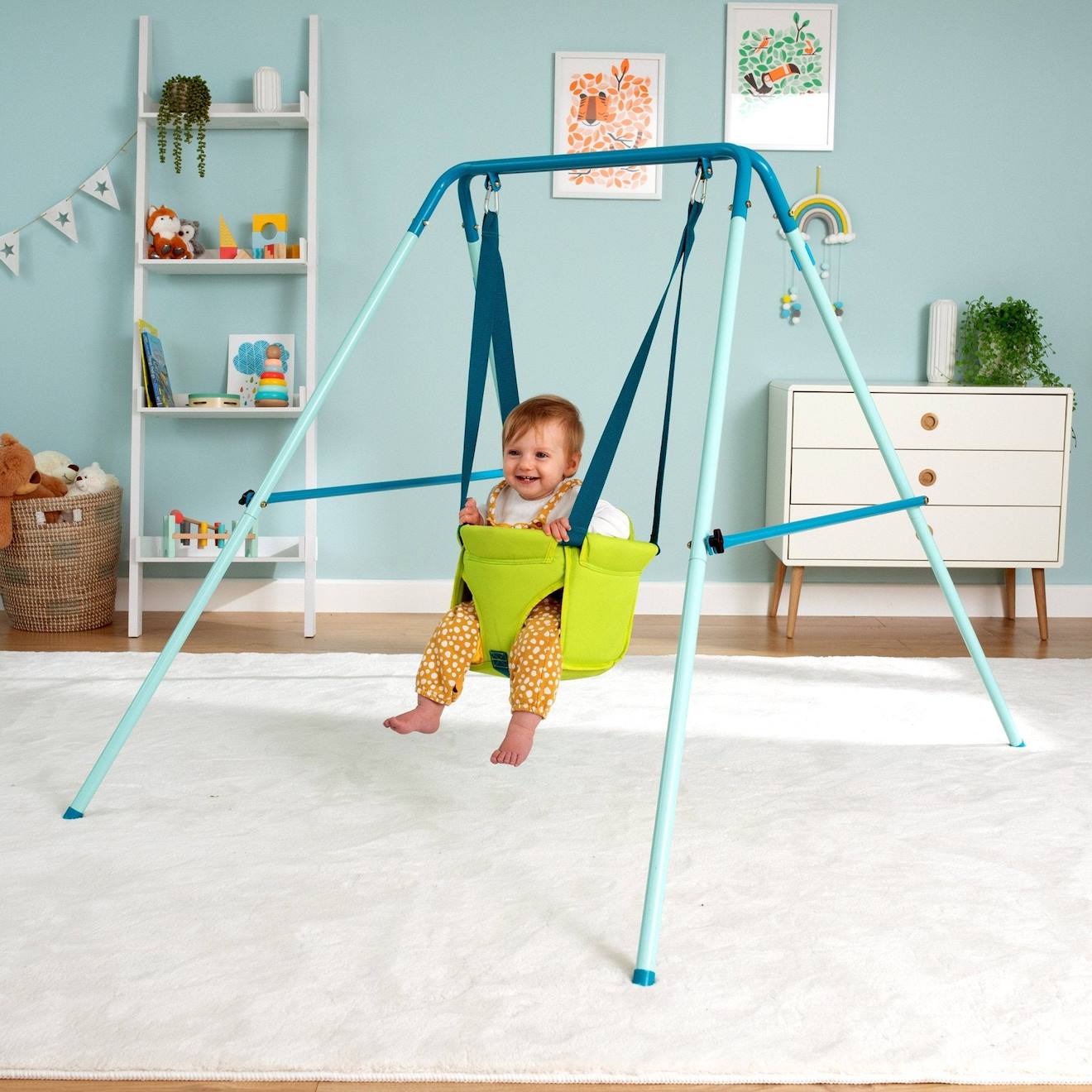 Portique fauteuil bébé pliant métal h129cm bleu - vert
