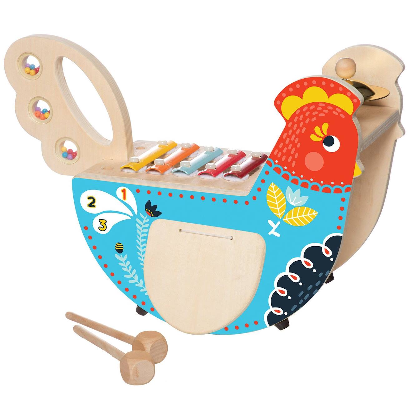 Poule musicale en bois bleu