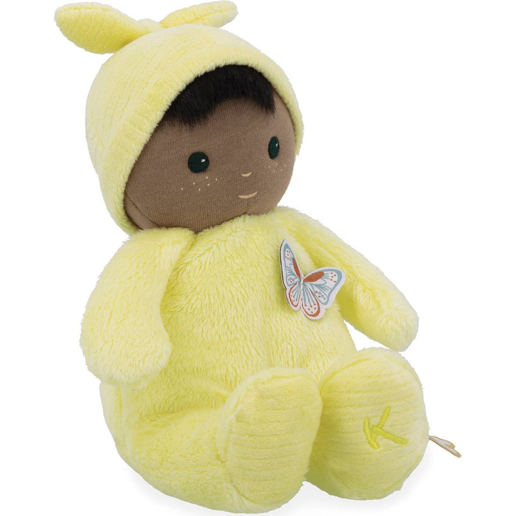 Poupée peluche souple bébé jaune, marron, bleu