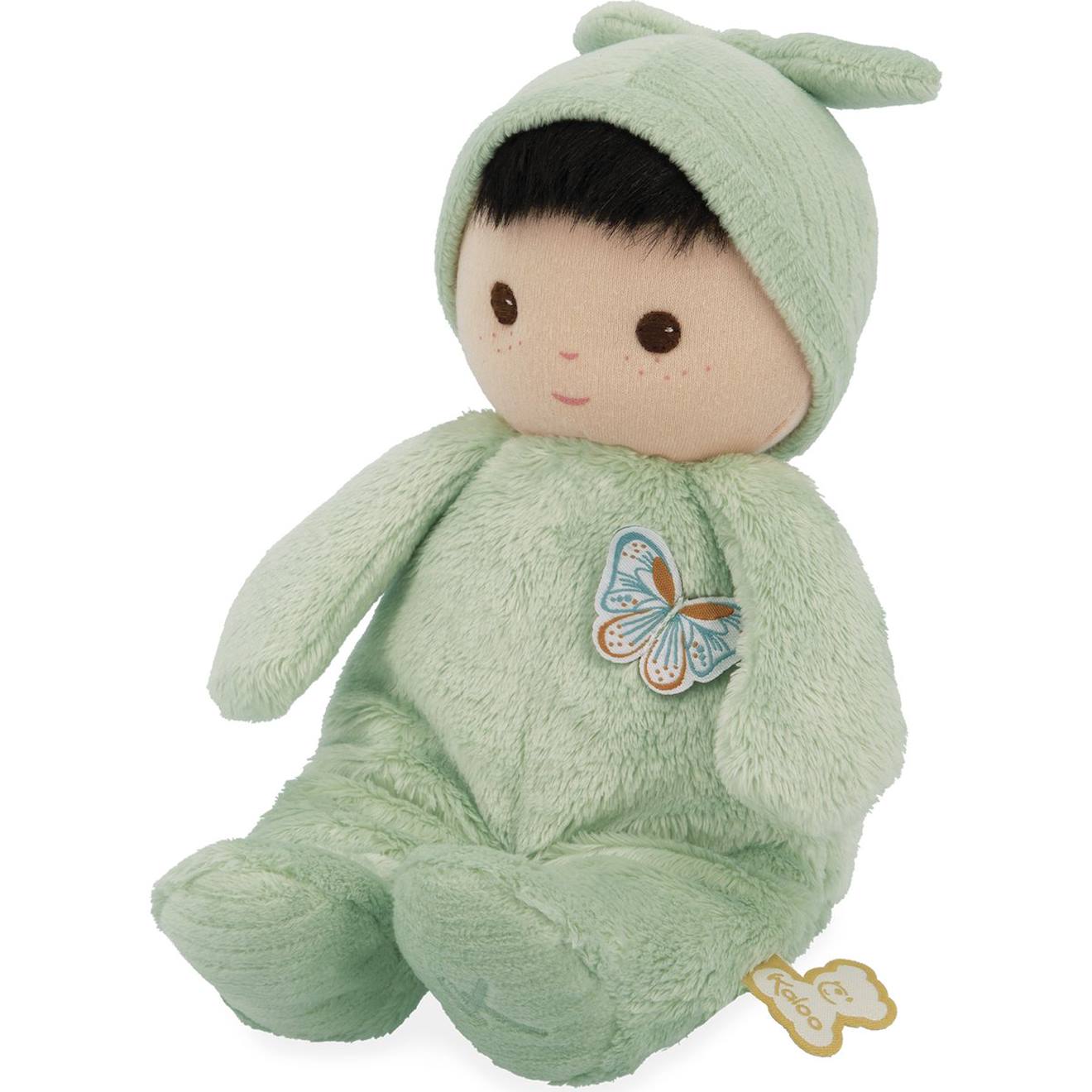 Poupée peluche souple bébé vert d'eau, écru, bleu