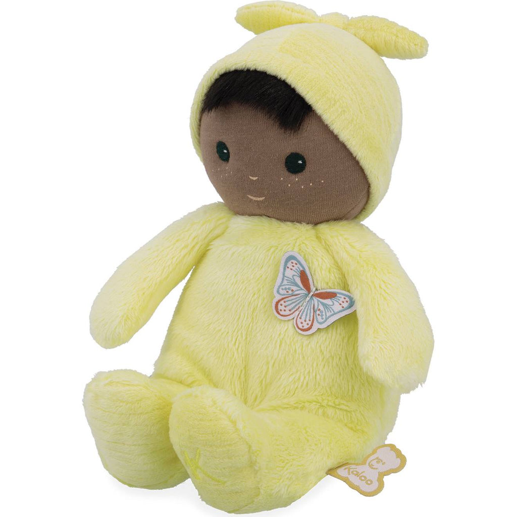 Poupée peluche souple bébé jaune, marron, bleu