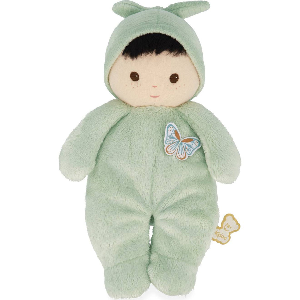 Poupée peluche souple bébé vert d'eau, écru, bleu