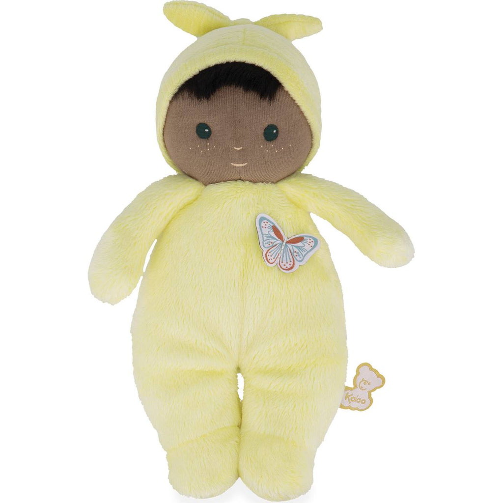 Poupée peluche souple bébé jaune, marron, bleu