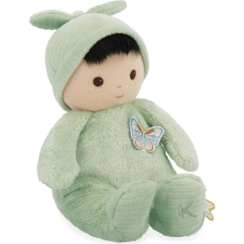 Poupée peluche souple bébé vert d'eau, écru, bleu