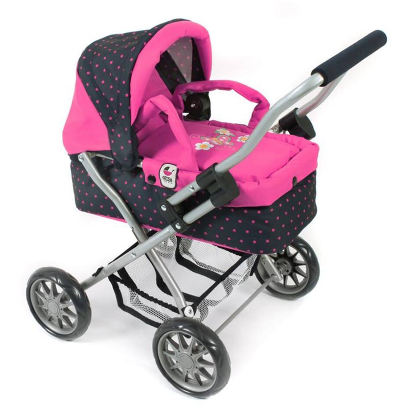 Poussette pour poupée smarty - rose fleuri et marine à pois rose et noir