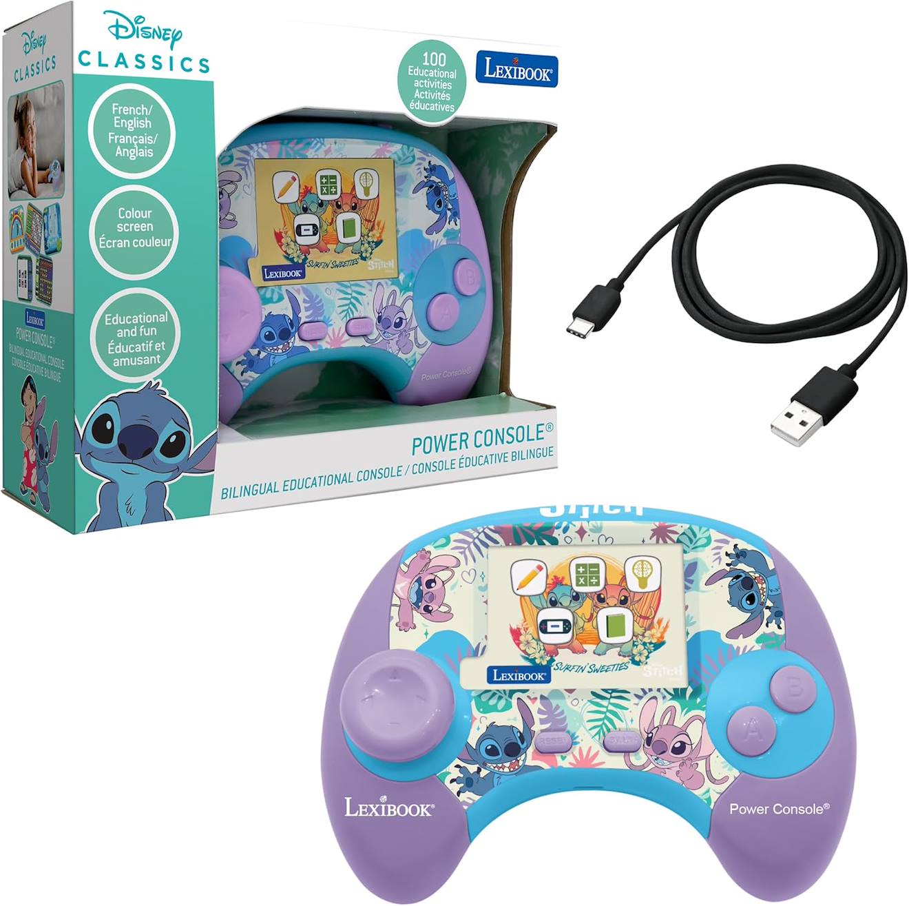 Power console de jeux éducative Stitch bilingue français/anglais avec 100 activités multicolore
