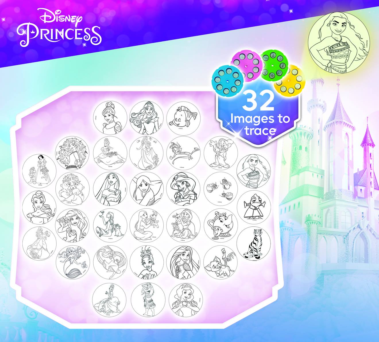 Projecteur de dessins - Disney Princess - kit dessins avec modèles, papier et crayons multicolore