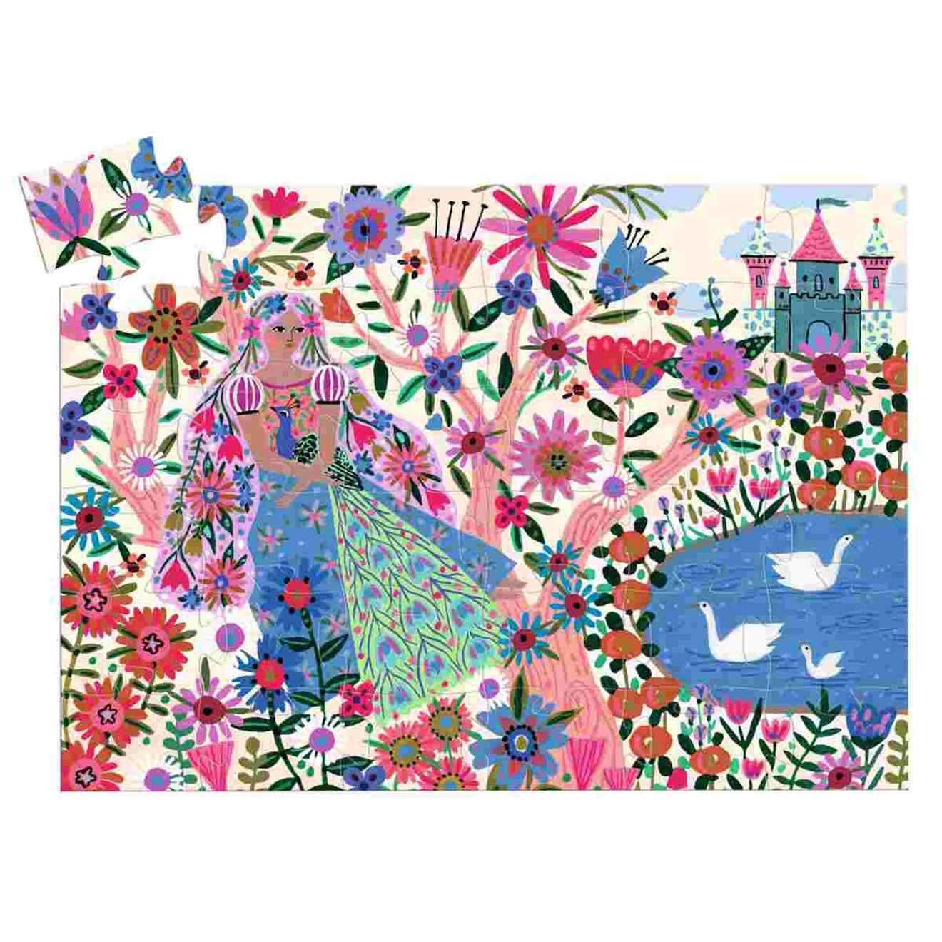 Puzzle 36 pièces la princesse et son paon multicolore