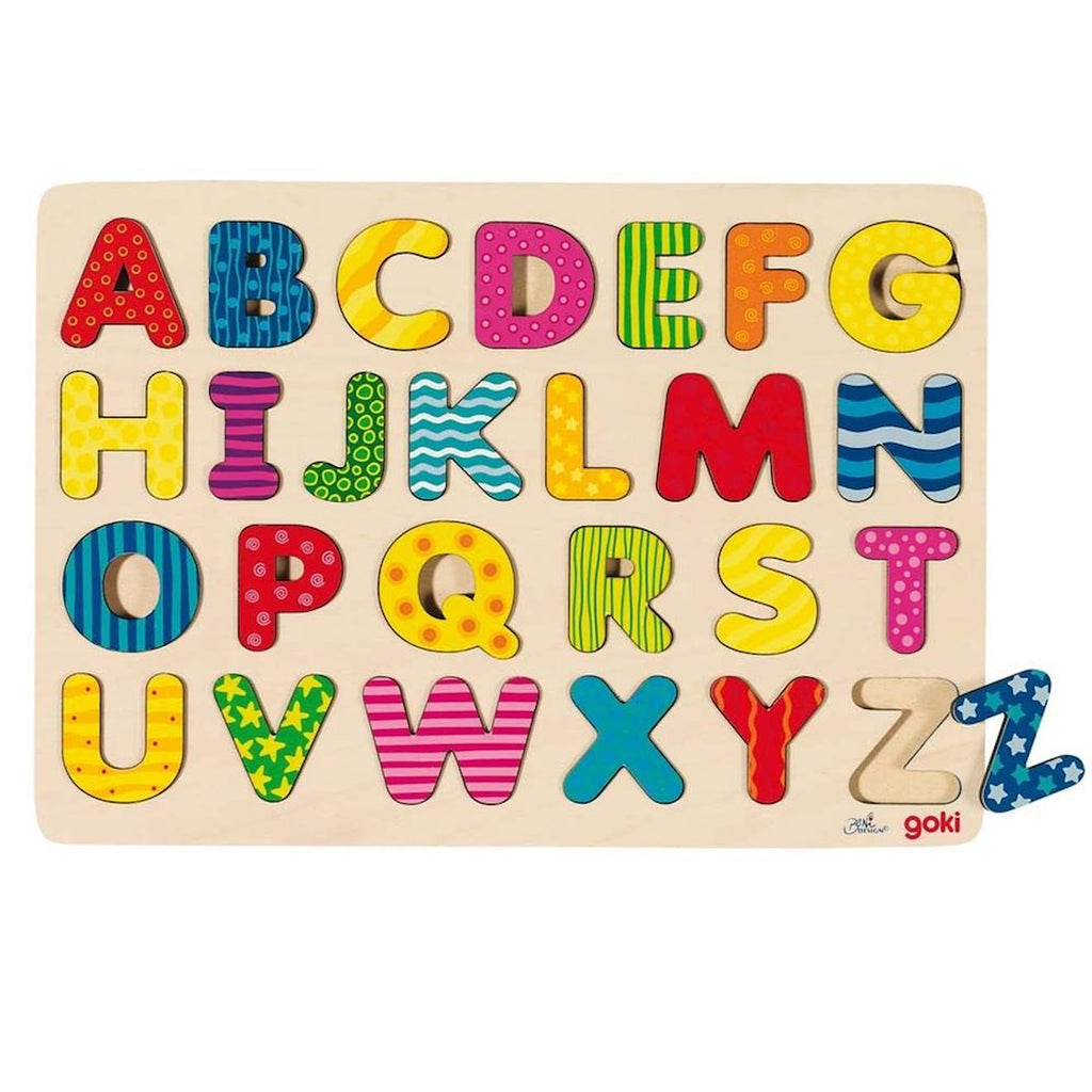 Puzzle d'encastrement alphabet majuscules a-z à motifs multicolore