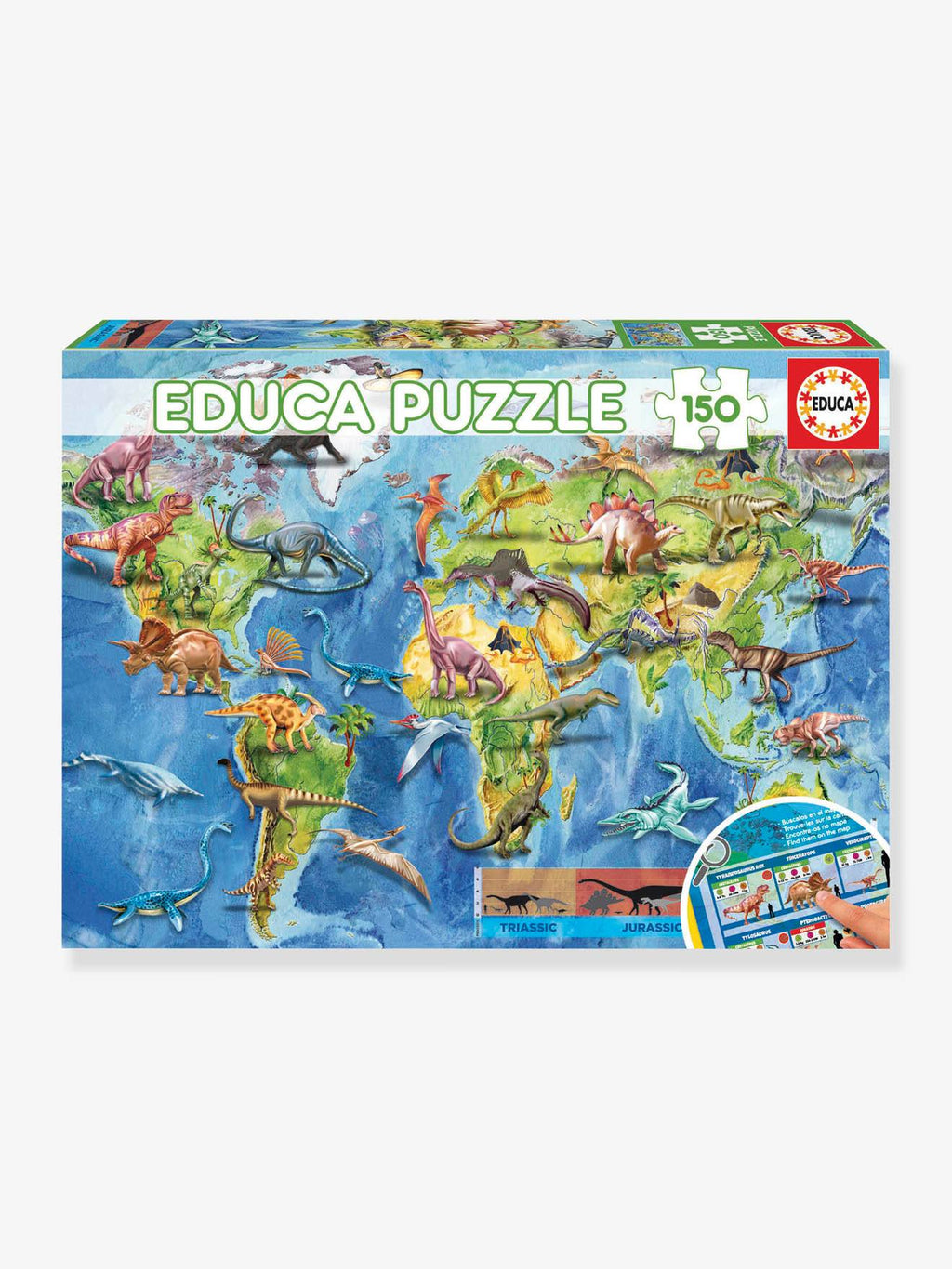 Puzzle mappemonde dinosaures - 150p - bleu