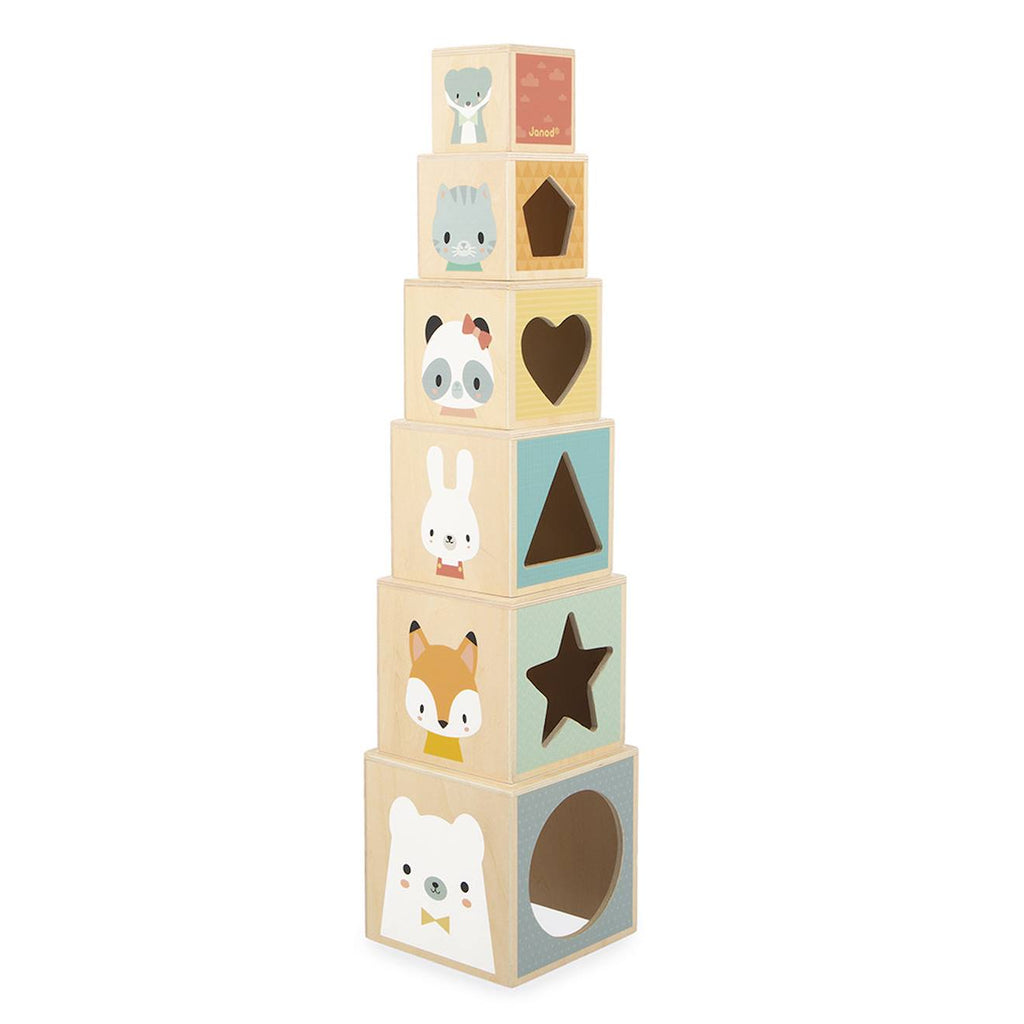 Pyramide en bois FSC, 6 cubes à empiler multicolore