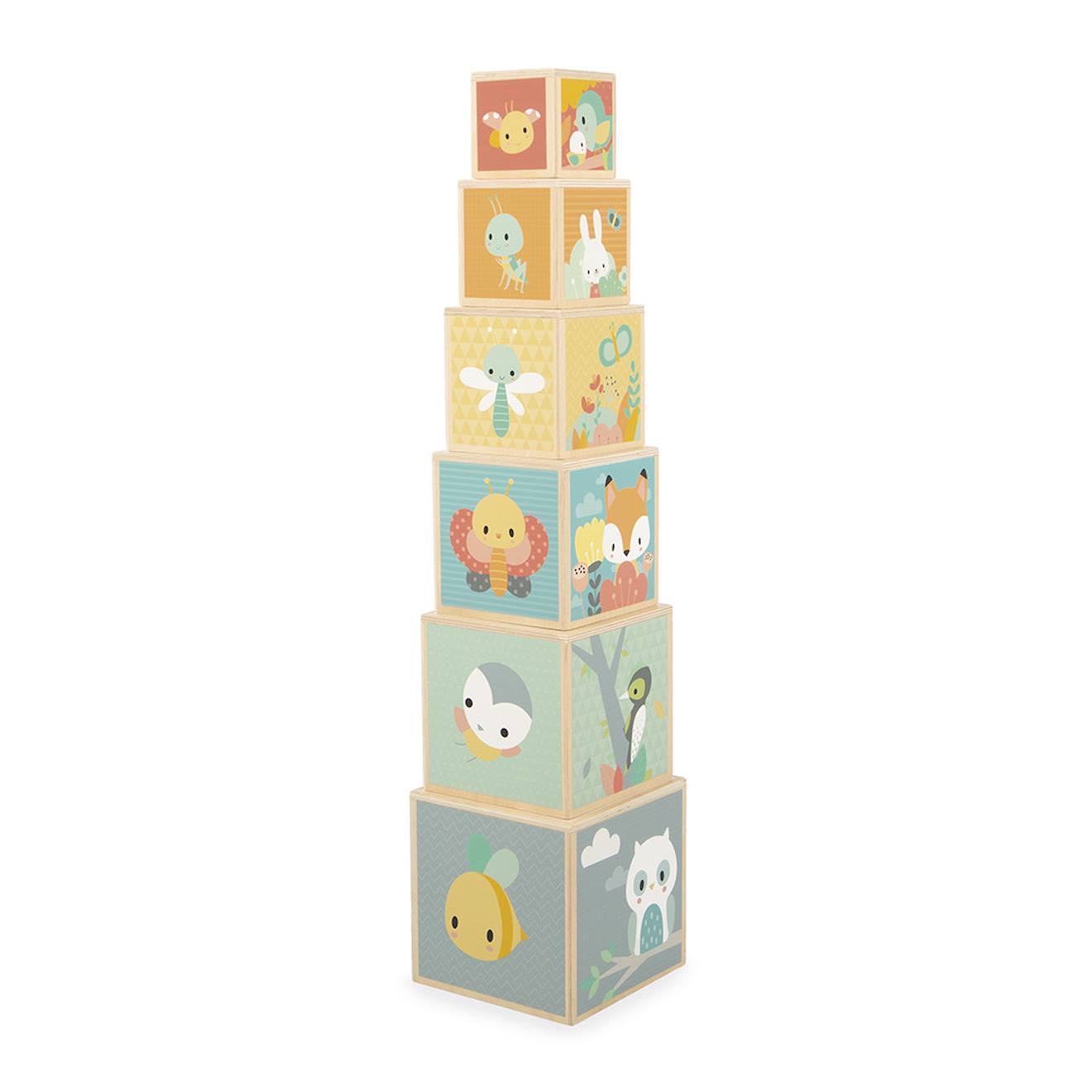 Pyramide en bois FSC, 6 cubes à empiler multicolore