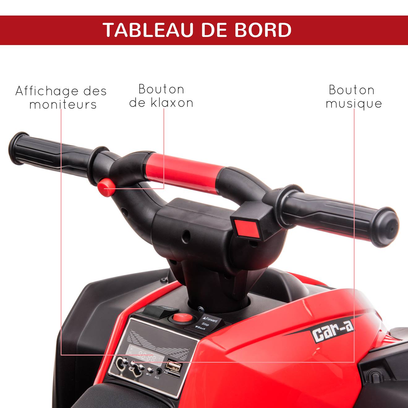 Quad buggy électrique enfant 12 v 3 km/h max effets lumineux et sonores rouge