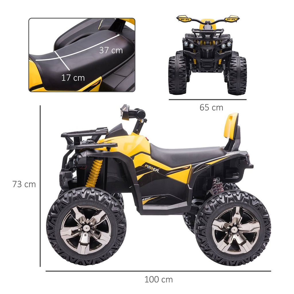 Quad buggy électrique enfant 12 v 5 km/h max effets lumineux sonores selle avec dossier porte-bagage avant jaune