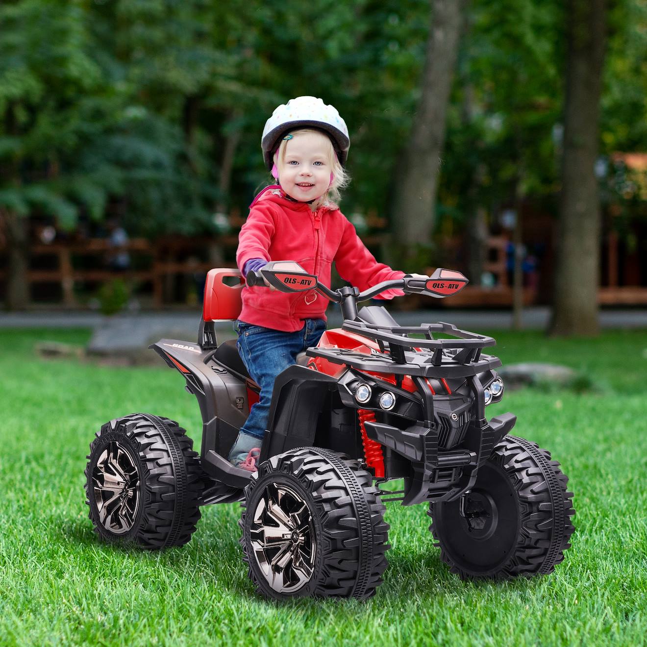 Quad buggy électrique enfant 12 v 5 km/h max effets lumineux sonores selle avec dossier porte-bagage avant rouge