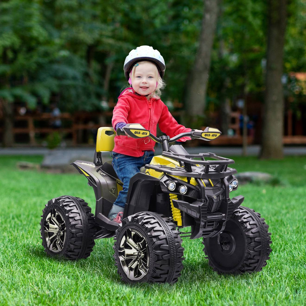 Quad buggy électrique enfant 12 v 5 km/h max effets lumineux sonores selle avec dossier porte-bagage avant jaune