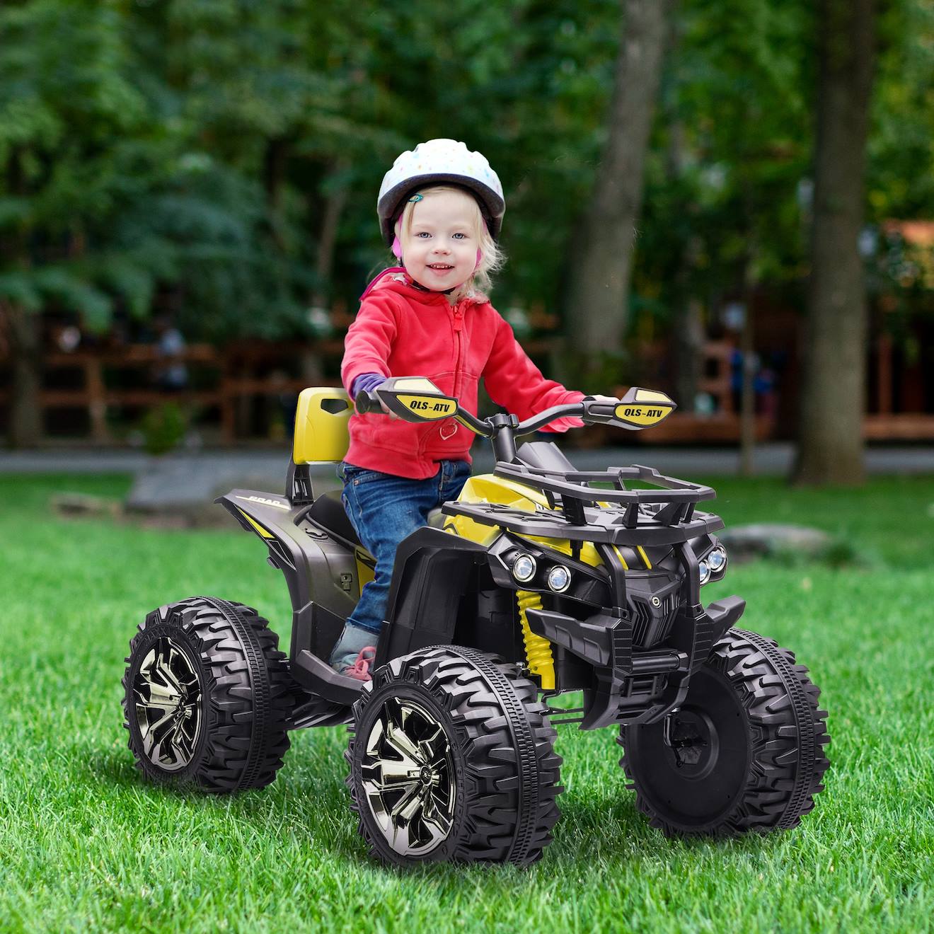 Quad buggy électrique enfant 12 v 5 km/h max effets lumineux sonores selle avec dossier porte-bagage avant jaune
