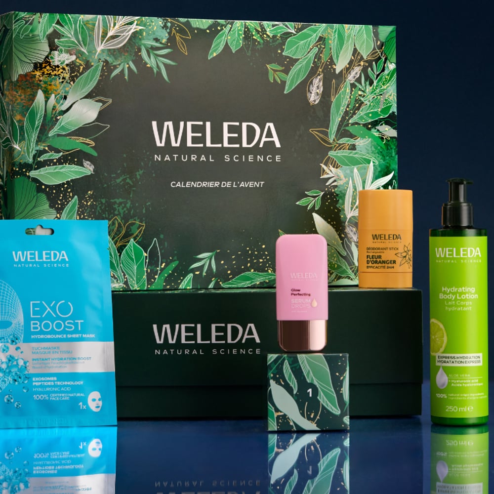 Calendrier de l'Avent Weleda avec masque EXO BOOST, Serum Drops, déodorant et lait corps