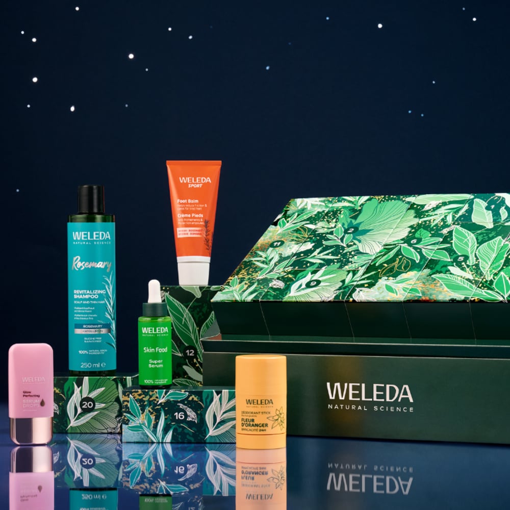 Contenu du calendrier de l'Avent Weleda : shampooing romarin, crème pieds, Skin Food Super Serum