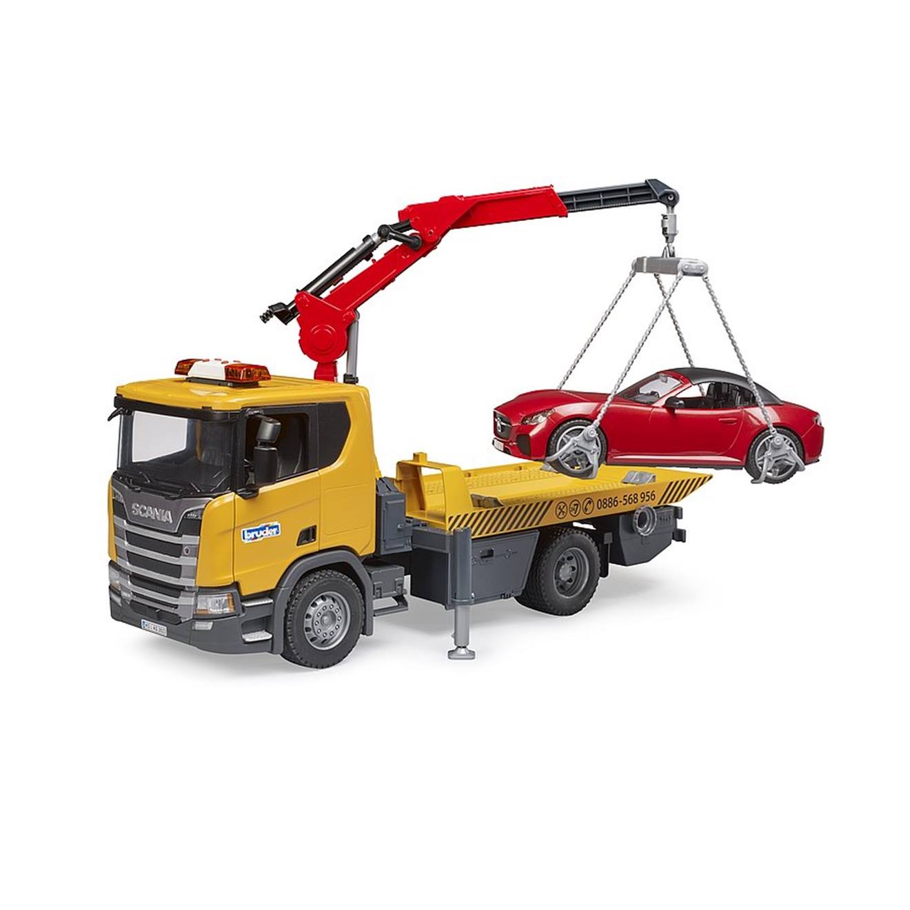 Remorqueuse scania super 560r avec module son et lumière et véhicule roadster multicolore