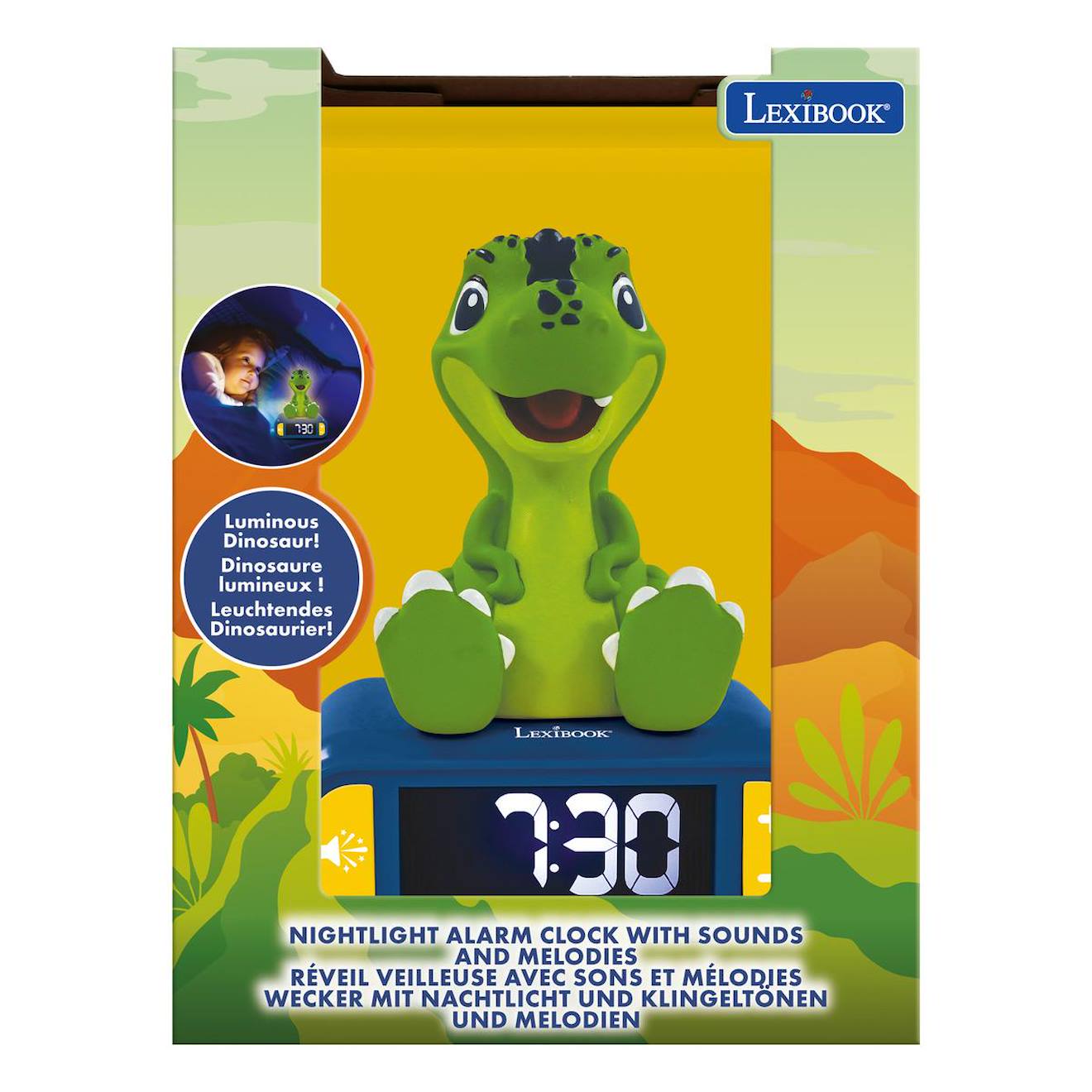 Réveil avec veilleuse dinosaure en 3D multicolore