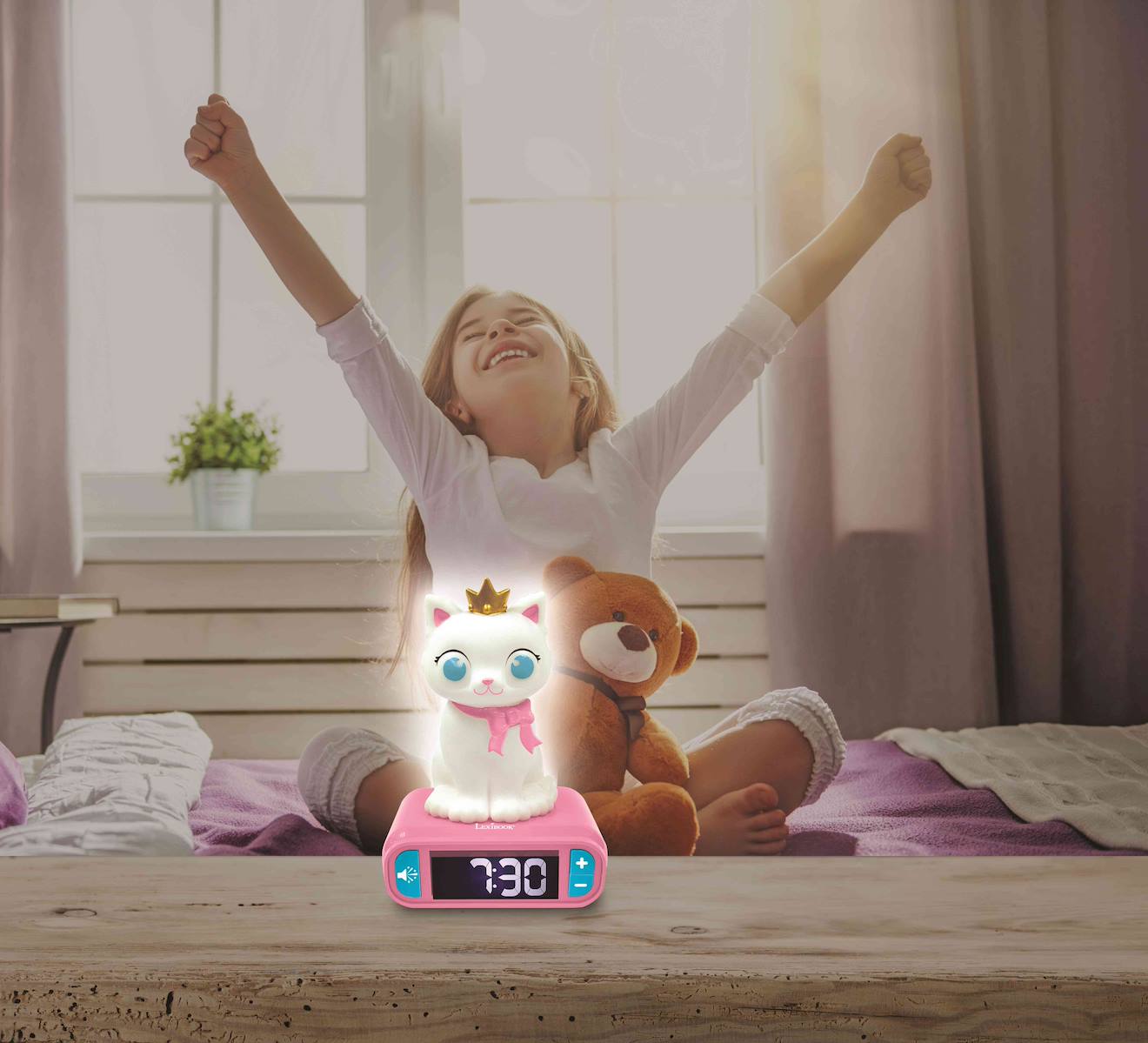 Réveil avec veilleuse lumineuse chat en 3D multicolore