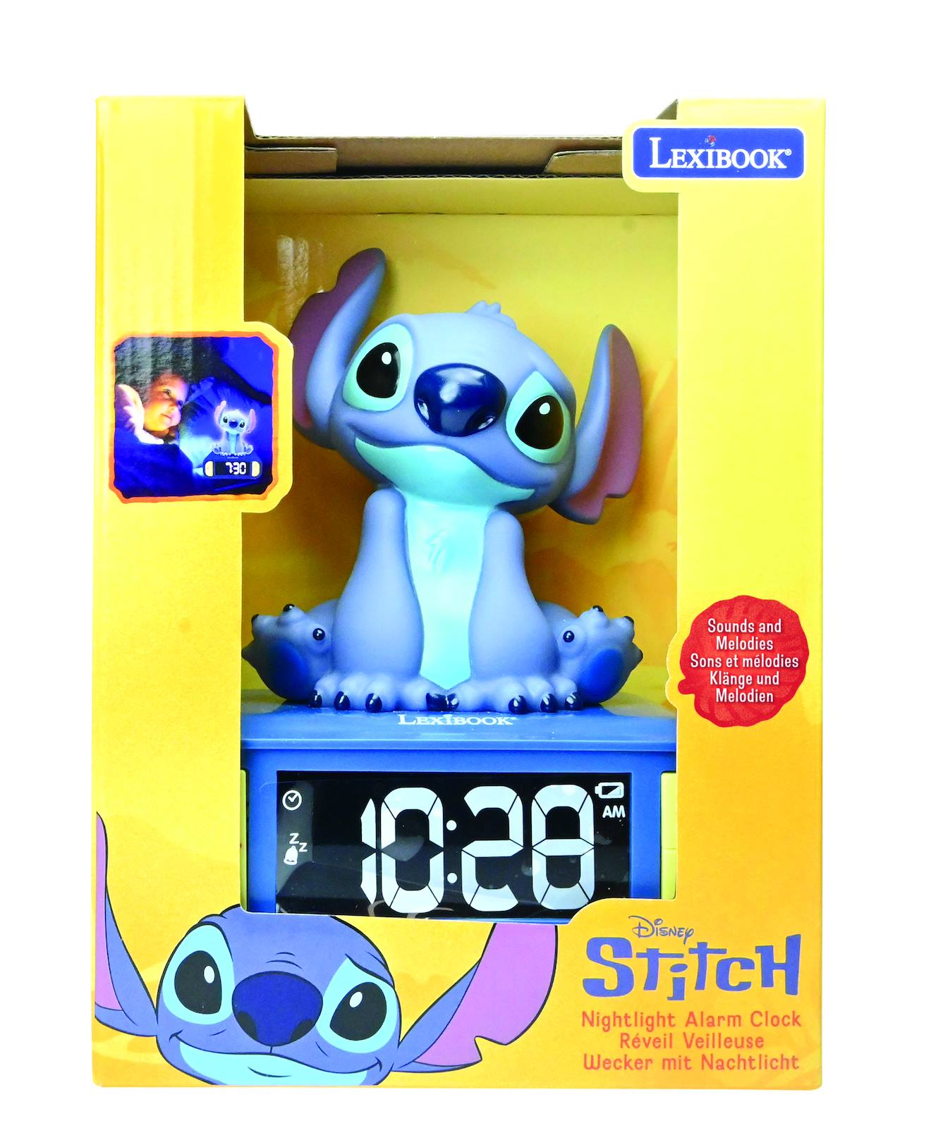 Réveil avec veilleuse lumineuse Stitch en 3D et effets sonores multicolore