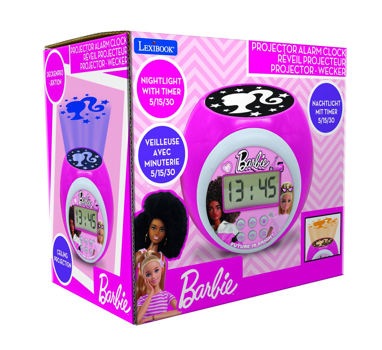 Réveil projecteur Barbie avec fonction alarme, veilleuse, écran LCD, à piles multicolore