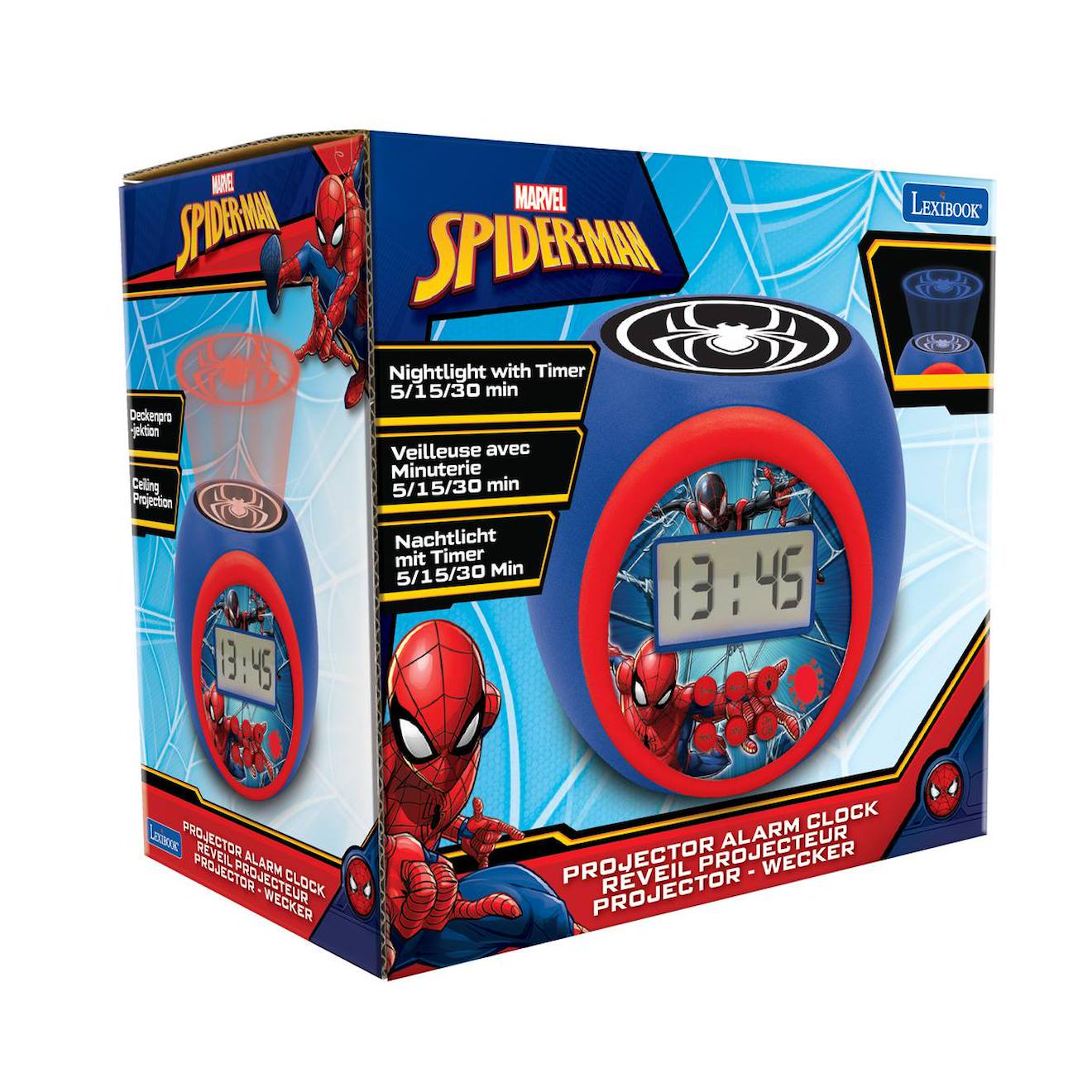 Réveil projecteur Spiderman Marvel, fonction alarme, veilleuse avec minuterie, à piles multicolore