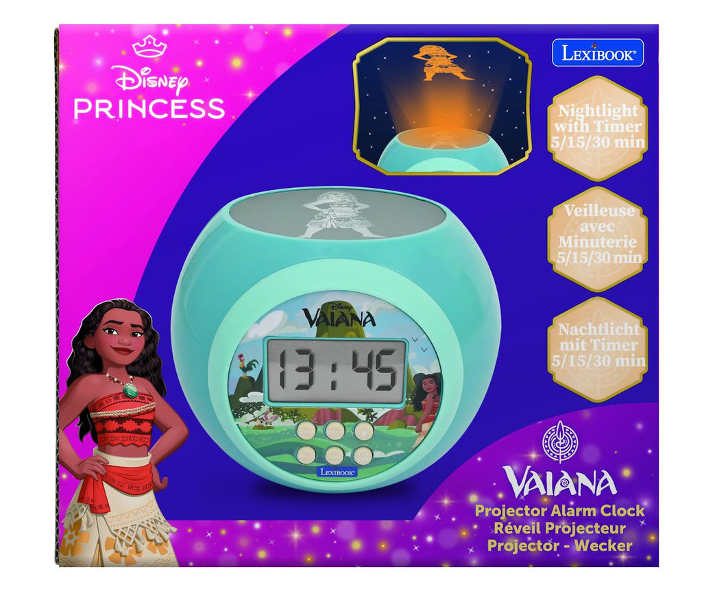 Réveil projecteur Vaiana, fonction alarme, veilleuse avec minuterie, écran LCD multicolore