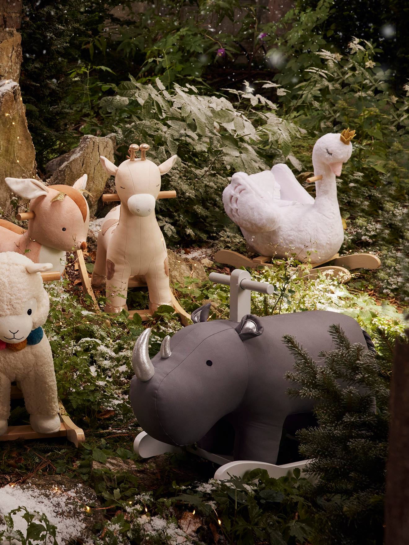 Rhinocéros à bascule FSC gris clair uni avec décor