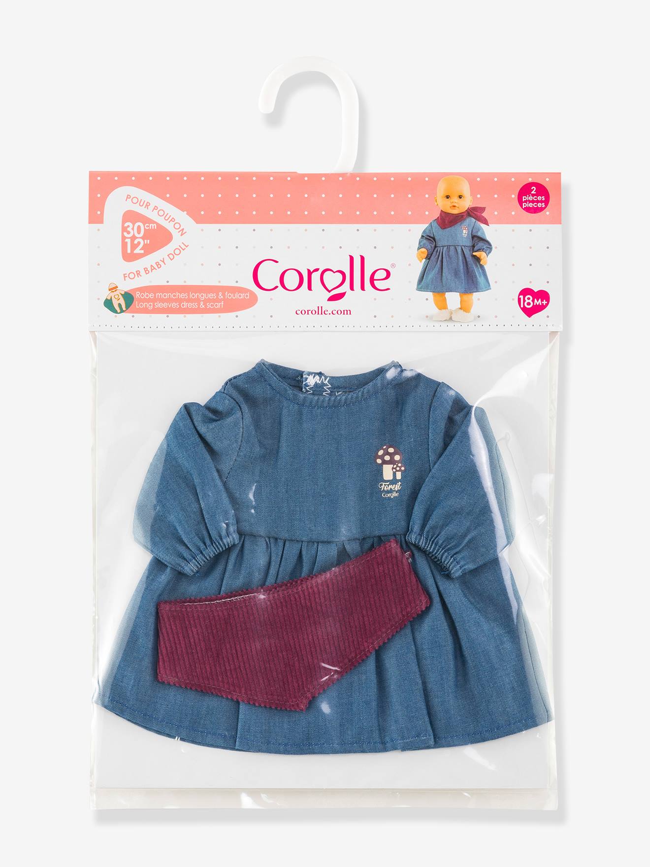 Robe en jean et foulard pour poupon bleu