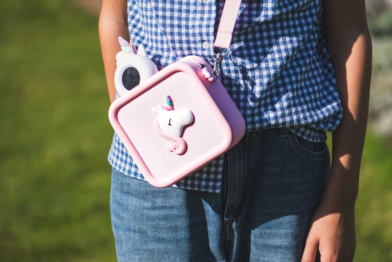 Sac pour appareil photo en silicone licorne rose, blanc, bleu