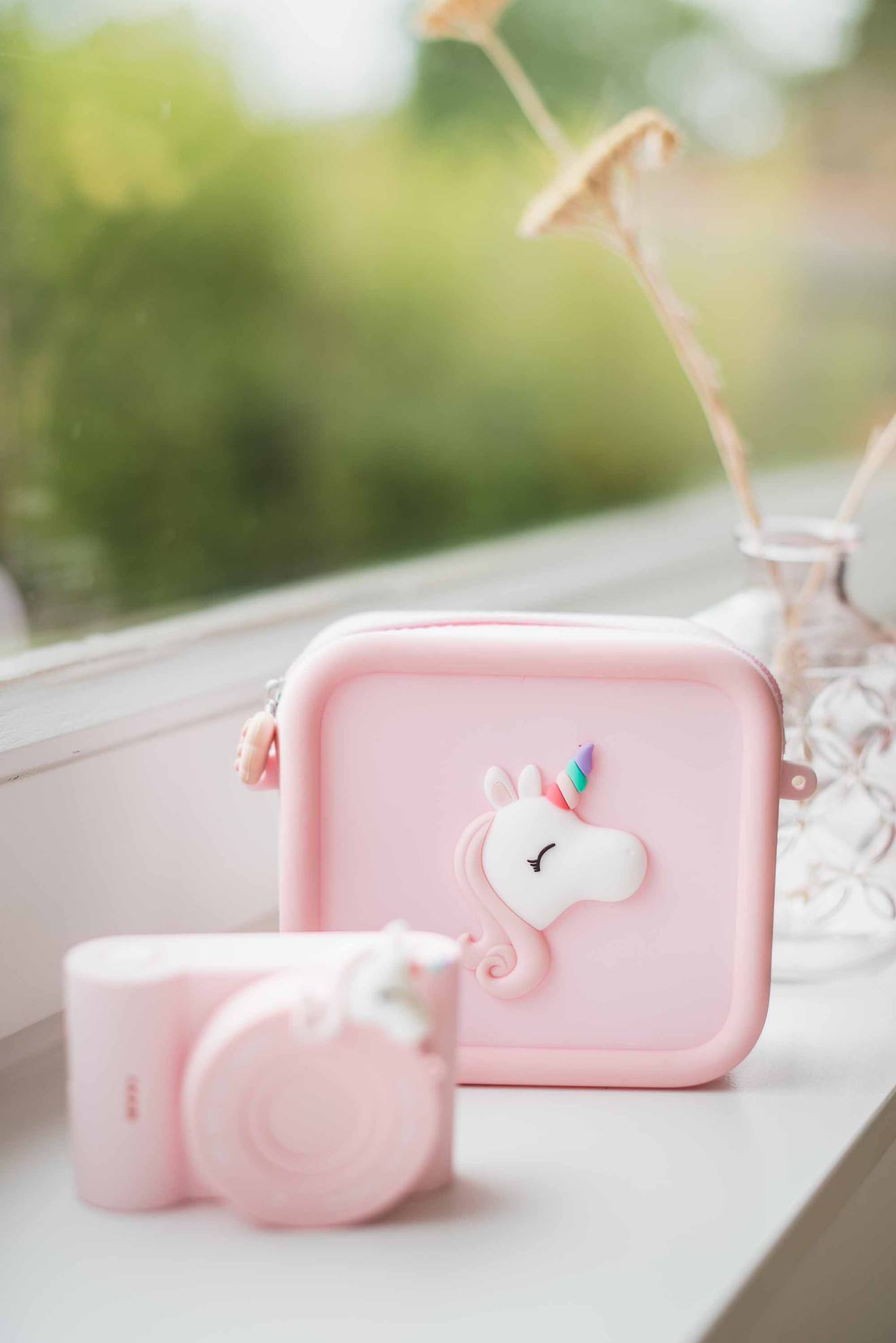 Sac pour appareil photo en silicone licorne rose, blanc, bleu