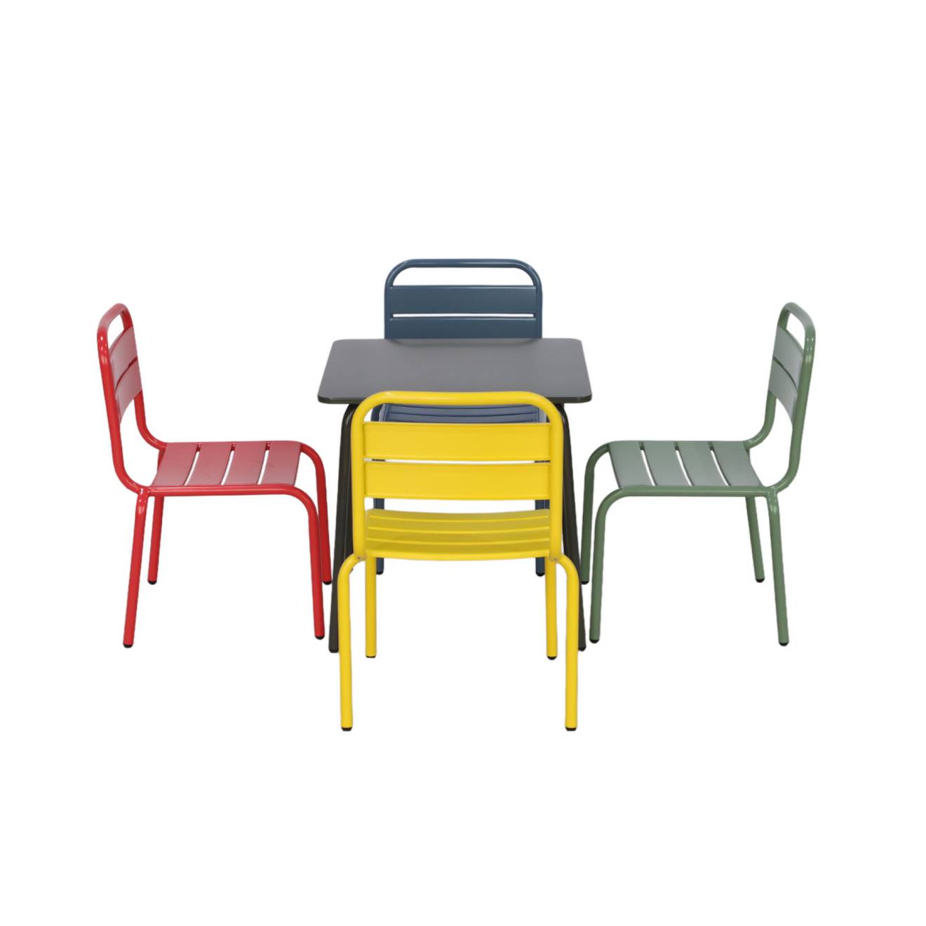 Salon de jardin enfant, table et chaises métal - anna - 4 places, 48x48cm multicolore